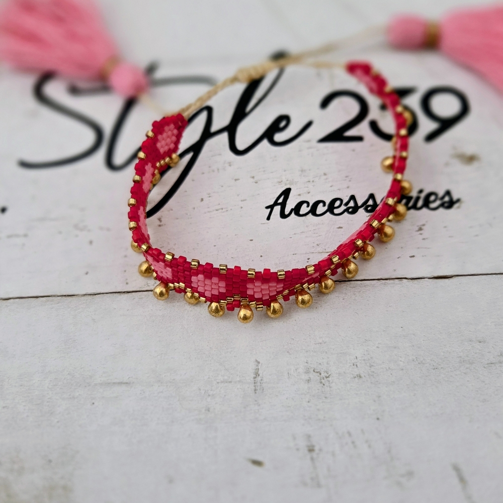 Miyuki Pink Beaded Adjustable Bracelet with Gold Accents
